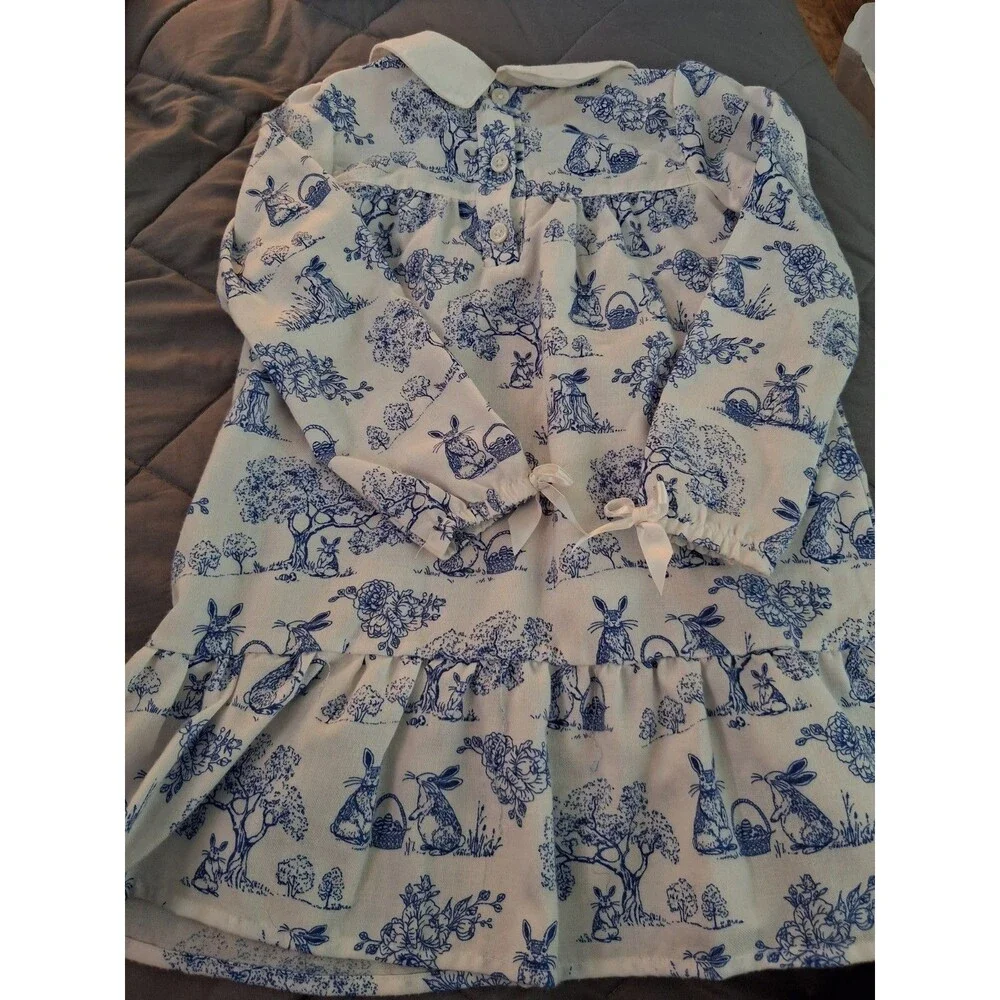 Gymboree Girls XS (4) White/Blue Bunny Toile Shirt Dress Collared Long Sleeve